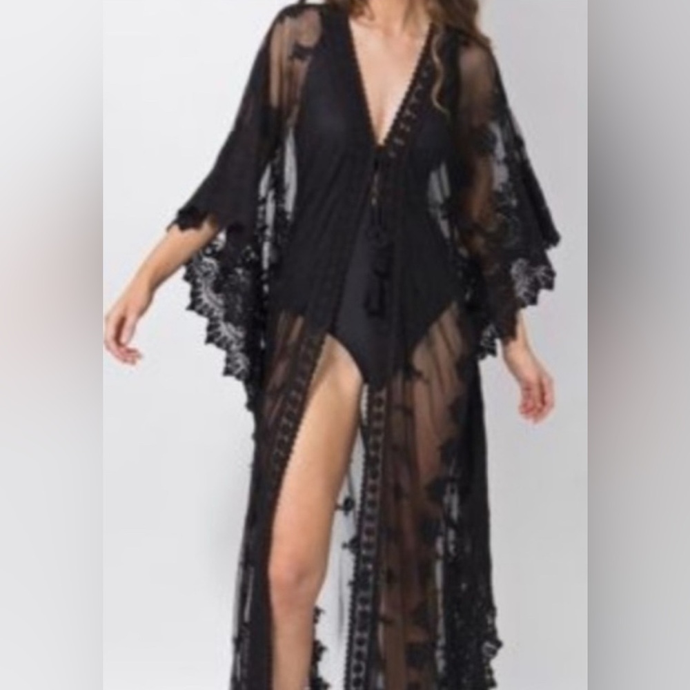 Sheer Black Lace Swim Coverup Kimono